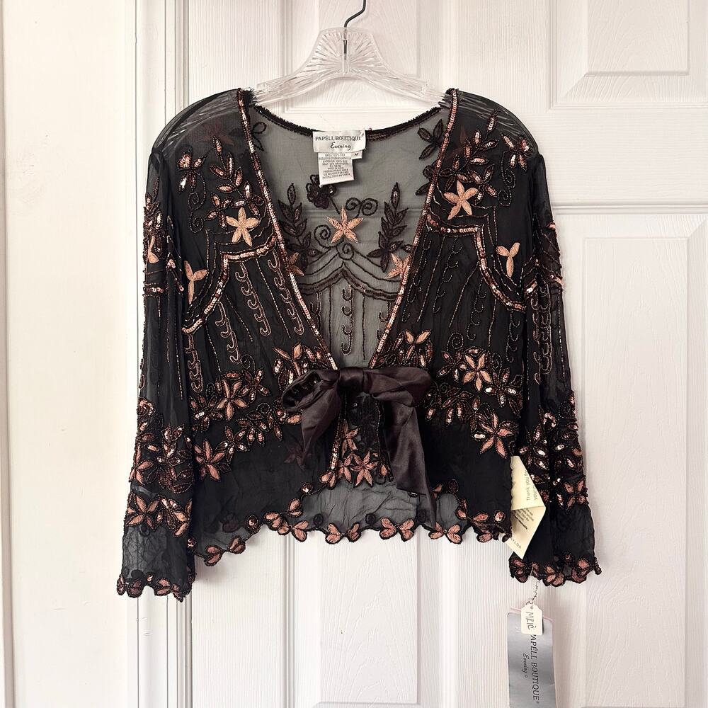 Papell Boutique Evening Black Sheer Bronze Sequin Beads Tie Bolero Jacket M NWT